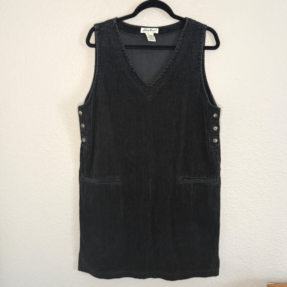 VTG Dark Academia Prep Eddie Bauer Wide Wale Corduroy Jumper Dress Black Medium